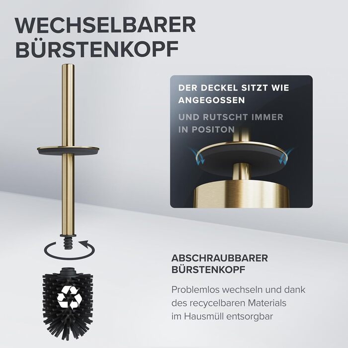 Набір для чищення унітазу Ingoy | Силіконова щітка для унітазу | Чорний | з нержавіючої сталі з кришкою | для ванної кімнати та гостьового WC | Змінний насадок | Дизайн Silvolles (Золотий)