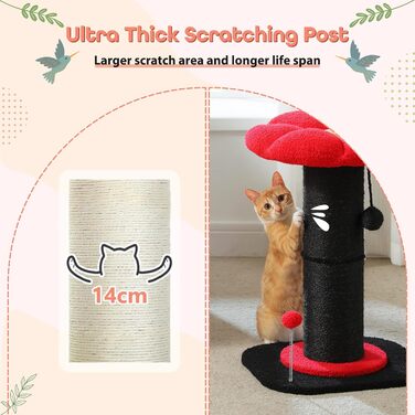 Flower Cat Tree - Small Cat Tree for Indoor Cats with Super Thick Scratching Post [Dia=14cm], Detachable Flower Cat Bed, Feather Ball - (Black)