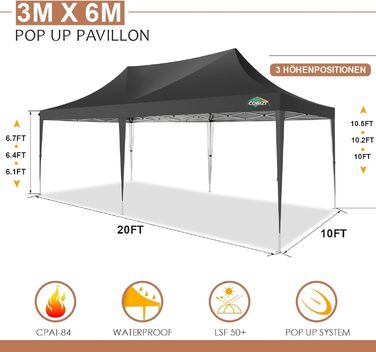 COBIZI Pavilion 3x3 Waterproof, Stable, Winter-Proof Party Tent 3x3 with 4 Side Walls Pop-Up Folding Pavilion UV Protection 50+ Garden Pavilion with Handbag, 8X Pegs and 4X Wind Rope, (Black, 3x6 m)