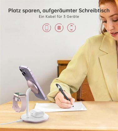 База для бездротової зарядки 3-в-1: iPhone, iWatch, AirPods. 15W, MagSafe, рожеве золото