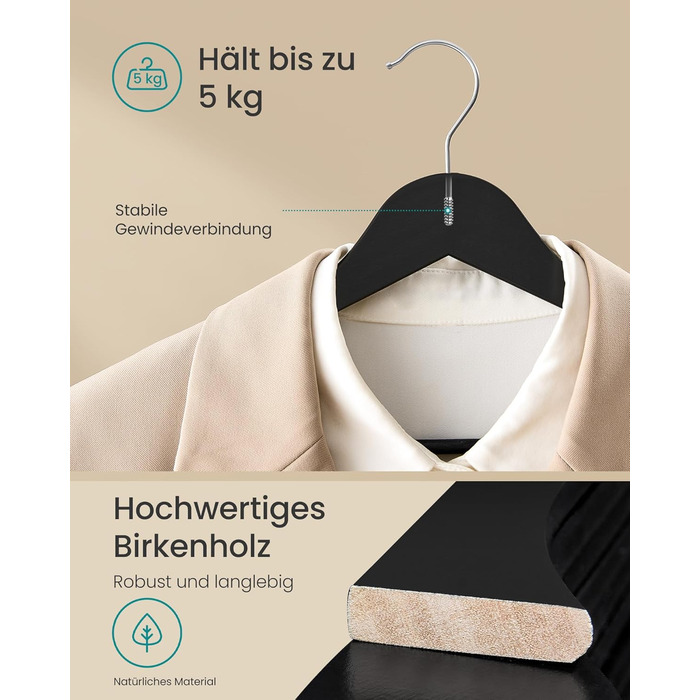 Плечики SONGMICS для одягу з дерева, набір 20 шт., тонкі, для сорочок та курток, з вирізами для плечей, поворотний гачок 360°, з натурального дерева берези, білий, CRW0W02