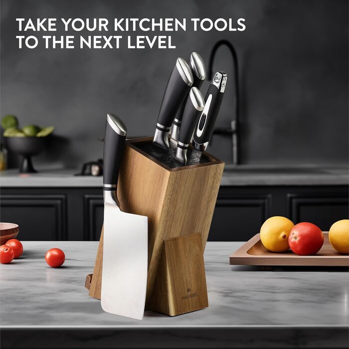 Navaris Knife Block with Smartphone and Tablet Holder - Knife Block without Knives - Multifunctional Kitchen Knife Block Made of Durable Acacia Wood - Washable Bristles