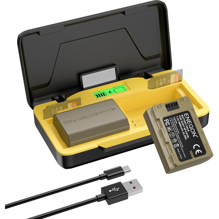 Зарядний комплект ENEGON NP-FZ100 20W для Sony Alpha: A7 IV, A7 III, A9, A9R, A6700, A6600, FX3, FX30, A1 (2 x 3000mAh), з дисплеєм, SD-картридер