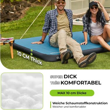 Килимок для кемпінгу Fundango самонадувний, 9.5 R-значення, піна-пам'ять, 10 см товщина, 3D посилення, м'яка оксамитова поверхня, для намету, подорожей на авто (одинарний та подвійний розмір)