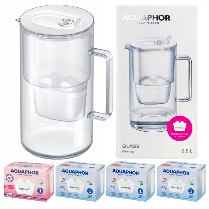 Скляний фільтр-кувшин Aquaphor Glass, білий + 4 фільтри Maxfor (1+3)