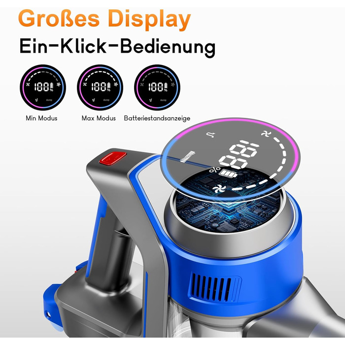 Бездротовий акумуляторний пилосос 45000 Па / 45 хв - 1,6 л з LED-дисплеєм, антизаплутувальною насадкою, тихий (<60 дБ), HEPA-фільтр, для видалення шерсті тварин, килимів, твердих поверхонь, авто, блакитний