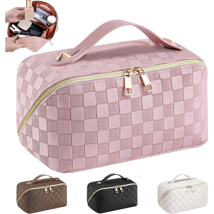 Косметичка для подорожей жіноча, велика містка, з PU шкіри, органайзер для макіяжу, косметичка-рюкзак, аксесуари для подорожей, рожеана в клітинку