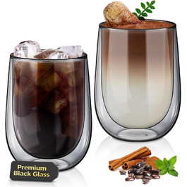 Glastal Unique Black Glasses, 350ml Double-Walled Coffee Glasses, Latte Macchiato Glasses 2-Pack, Double-Walled Coffee Glass, Tea Glasses for Cappuccino, Milk, Gift for Men and Women