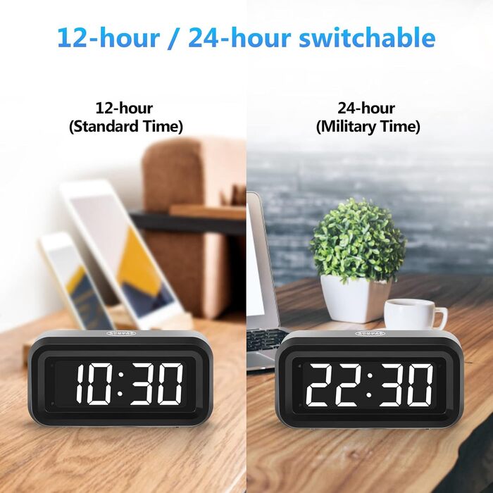 Цифровий будильник Timegyro з LED дисплеєм, акумуляторний, компактний, для подорожей та дому, 3 рівні яскравості, великий LED дисплей 1.2', чорно-білий