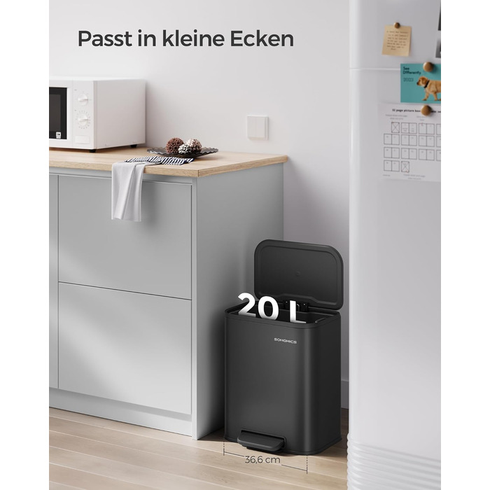 Відро для сміття SONGMICS 20 л з кришкою, з педаллю, нержавіюча сталь, Soft-Close, з внутрішнім відром, антиковзне педаль, хмарно-білий LTB542W02 (Чорний)