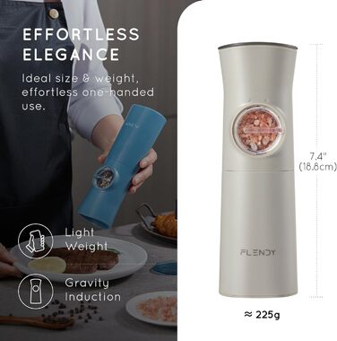 Flendy Gravity Electric Salt and Pepper Mill Set, 2-Piece Set Rechargeable Electric Salt and Pepper Shakers with USB-C Charging Station, Electric Spice Grinder for Dry Spices