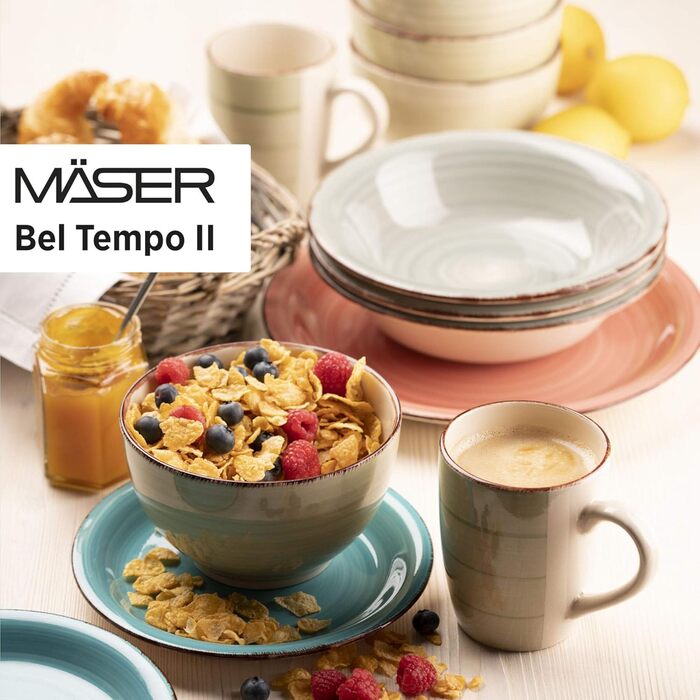MÄSER 931951 Bel Tempo II, 12-piece tableware set for 6 people with a modern vintage look, hand-painted in the Berry purple hue, stoneware.
