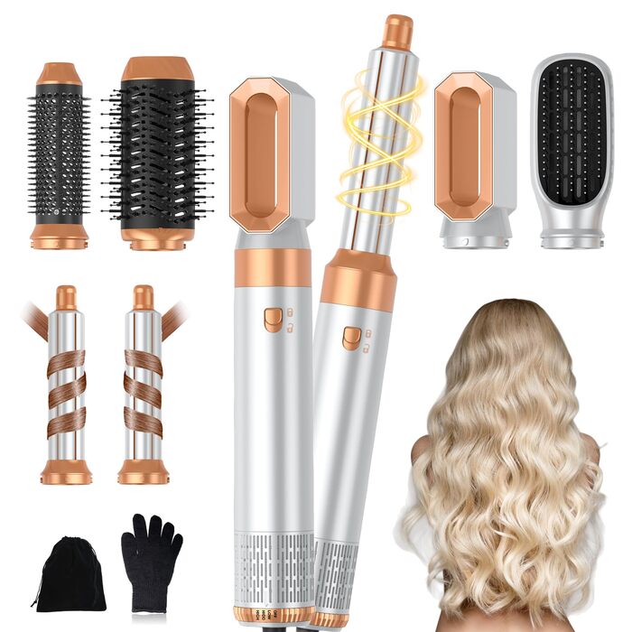 Фен-щітка 6 в 1 Airbrush Pro | Набір для укладки волосся - 1000W, круглі щітки, керлер, фен-щітка, фен, випрямляч | Для всіх типів волосся - блакитний (класичний білий)