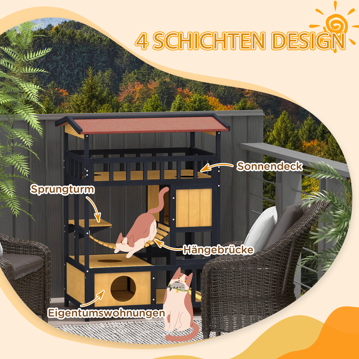 PawHut Cat House, Cat Paradise with Platforms, Suspension Bridge, and Cat Caves, Suitable for up to 2 Cats, Wood