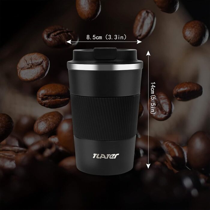 Термокружка для кави з кришкою, 380 мл, з подвійними стінками, з нержавіючої сталі, для гарячих та холодних напоїв, кави, води та чаю (чорна)