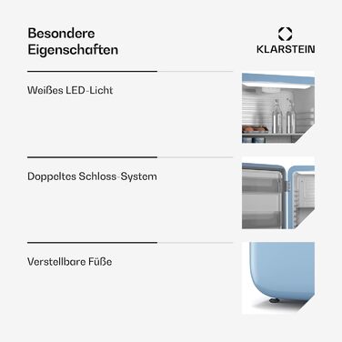 Klarstein 32L Mini Fridge with Freezer - Retro Mini Bar for Drinks & Cosmetics - Compact & Quiet Skincare Fridge for Bedroom - Blue
