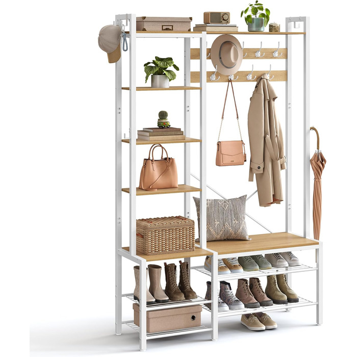Стійка для одягу VASAGLE з полицею для взуття, 5 поличок, 9 тричі-гачків, 6 бічних гачків, 40 x 120 x 190 см, вінтажний колір, HSR426B01