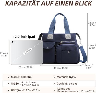 Сумка жіноча DIRRONA велика – містка сумка-шопер для міста, роботи, університету та подорожей з відділеннями, знімним ременем, темно-синя