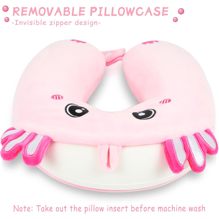 Дитяча подушка для подорожей з маскою для сну, м'яка подушка для шиї з Memory Foam, для дітей, хлопчиків та дівчаток, підлітків, аксесуари для подорожей, подушка для шиї (Аксолотл)