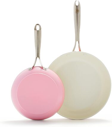 Набір сковорідок GreenLife Artisan, керамічне покриття, антипригарні, 20.3 см та 25.4 см, з нержавіючої сталі, без PFAS, придатні для миття в посудомийній машині, жаростійкі, рожеві
