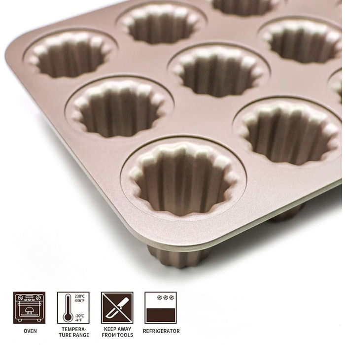 Canele Mold, Carbon Steel, 12 Cavities, Non-Stick, Canelé Molds, Baking Pans for Oven Baking, Cupcake