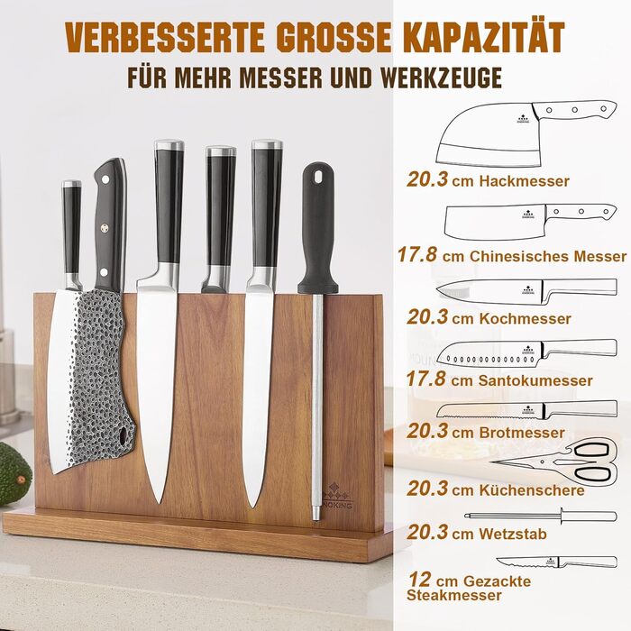 ENOKING Premium Plus Knife Block Magnetic Without Knives 38.6 x 23 cm, Double-Sided Magnetic Knife Holder Made of Acacia Wood, Magnetic Knife Block for Cutlery Display and Storage