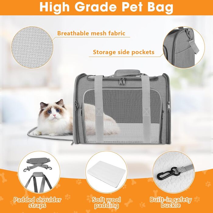 Транспортна сумка для кота та собаки, 45x30x30 см. Складана та дихаюча переноска для кота та середнього собаки. Ідеально для подорожей на авто