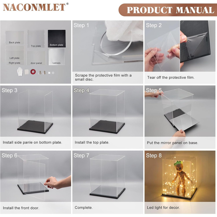 Акрилова вітрина з LED-підсвіткою Naconmlet для колекційних фігурок, прозора скринька для експонатів і предметів колекціонування з дверцятами, 20x20x40 см