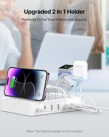 Зарядна станція SooPii USB 60W/12A, 6 портів з PD 20W для iPhone/Samsung, тримач для Apple Watch, 6 кабелів у комплекті - біла