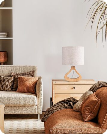 Дерев'яна приліжкова лампа EDISHINE з абажуром з льону, E27, для вітальні, спальні, в стилі кантрі [Енергоклас F]