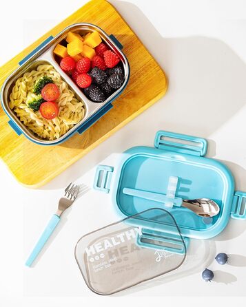 Ланчбокс Lille Home Bento з нержавіючої сталі, 850 мл, 2 відділення, витікання, з сумкою та столовими приборами, BPA-free (Світло-блакитний)