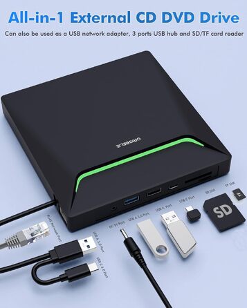 Зовнішній DVD-накопичувач ORIGBELIE з RJ45 Ethernet-адаптером та USB 3.0 хабом (3 USB, 2 TF/SD), зовнішній CD-записувач для ноутбука, MacBook, PC Windows, Linux, Mac OS, з сумкою для перенесення