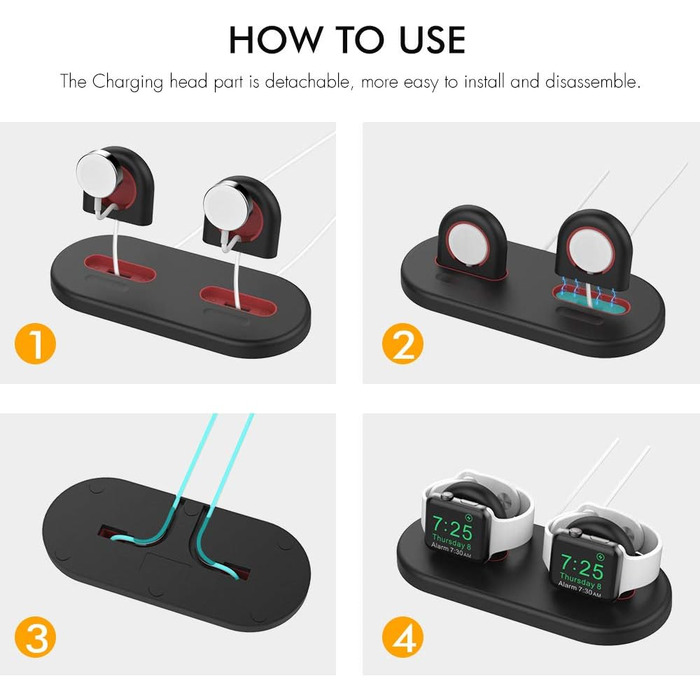 Стійка для зарядки 2 Apple Watch AHASTYLE, чорна. Сумісна з Ultra 3, Ultra 2, Ultra, SE3, SE2, SE, Series 11, 10, 9, 8, 7, 6, 5, 4, 3, 2, 1 (49/46/45/44/42/41/40/38mm). Без зарядного пристрою.