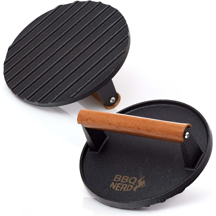 Пресс для м'яса з чавуну з дерев'яною ручкою, 18 см, круглий - Прес для бургерів, гриль-прес, вага для BBQ, м'яса, котлетів, бекону, сиру, сендвічів. Діаметр 18 см, чорний