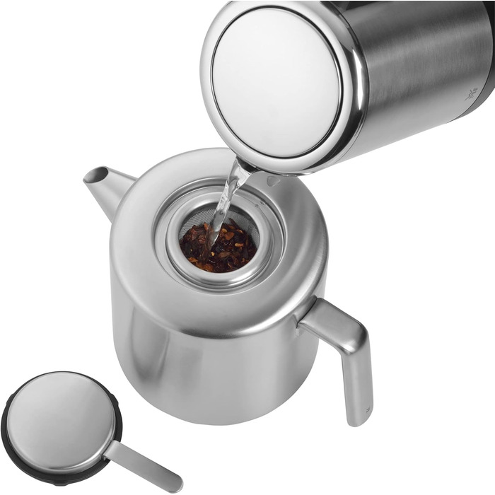 WMF Kult Teapot with trivet, 3-piece, Teapot 1.2l, infuser insert, trivet, Cromargan stainless steel brushed, for hot and cold drinks, 1.2 L, 06.3122.6030