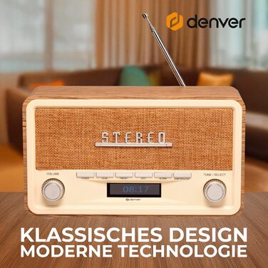 Denver Retro DAB-18: Цифрове радіо DAB+ з Bluetooth, FM та LCD-дисплеєм | 2x20W стерео | Радіо для кухні з будильником