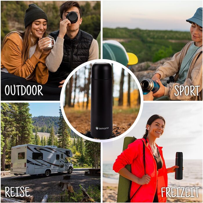 Термос з нержавіючої сталі з чашкою та щіткою; термос-каструля з подвійними стінками; не протікає, придатний для миття в посудомийній машині & BPA-free + щітка для чищення; зберігає напої гарячими та холодними (Чорний - 1000 мл)