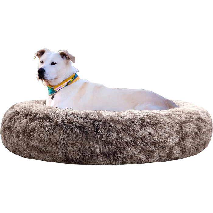 Крісло-гніздо для собак XXXL, кругле, знімний, пральний чохол, анти-тривожне, штучне хутро, м'яке, зручне, пухнасте ліжко для домашніх тварин (115 см, коричневе)