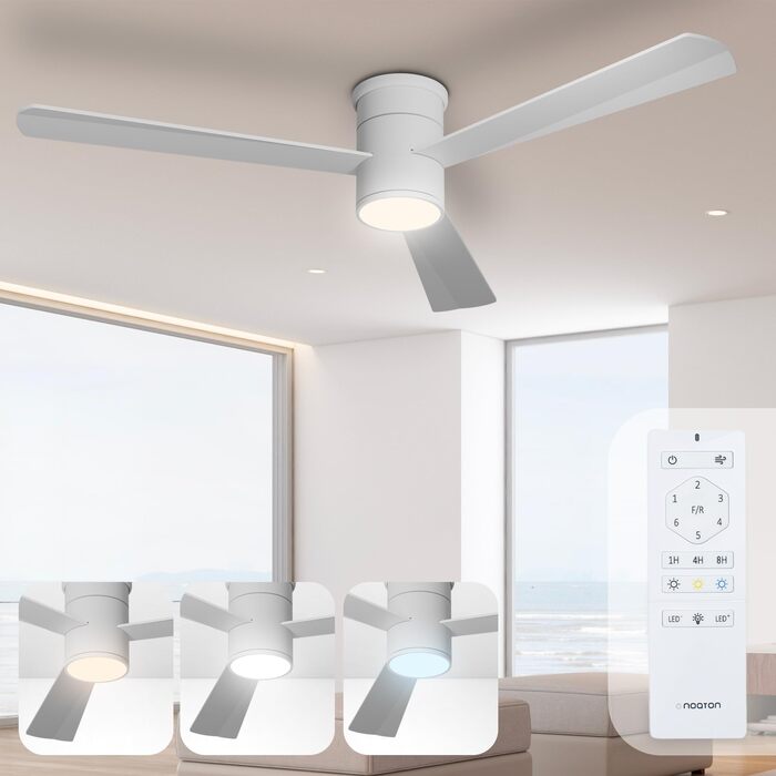 Стеляний вентилятор Noaton® Fornax Weiß з підсвічуванням, діаметр 132 см, DC мотор 40 Вт, диммований LED модуль 22 Вт, 3 колірні температури, пульт дистанційного керування, таймер, повітряний потік до 185 м³/хв (Zoya WW)