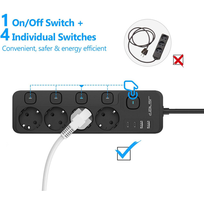 Мережевий адаптер JSVER на 5 розеток з індивідуальним вимикачем, 2 USB-A та 2 USB-C (17W), мережева стрічка з USB для столу з кабелем 2м для смартфонів, ноутбуків - білий (чорний 4-розеточний)