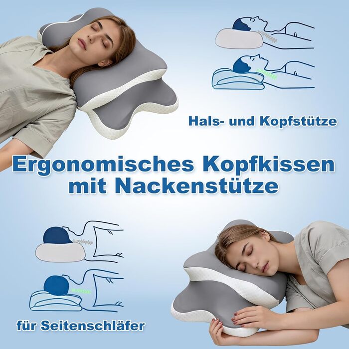 Подушка для шиї та голови: ергономічна подушка з Memory Foam для сну на боці, спині та животі, з ефектом охолодження, знімний чохол (сіра)