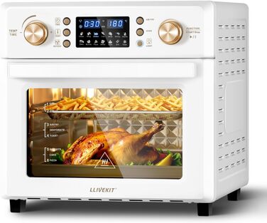Аерофритюрниця LLIVEKIT 26 л, міні-піч з конвекцією, 14-в-1, 360° циркуляція повітря, швидке та здорове приготування з низьким вмістом жиру, енергозбереження 60%, 1700 Вт, кремова, 8 аксесуарів, книга рецептів
