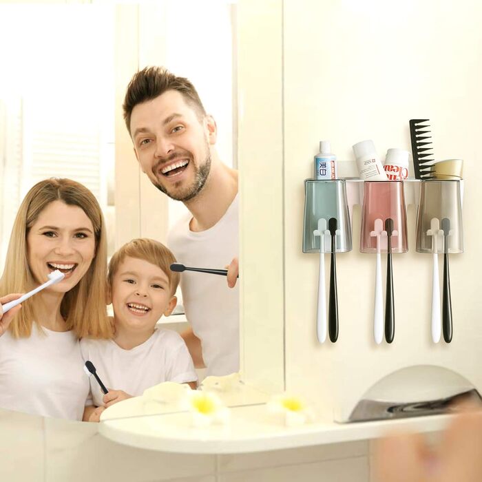 Goowin Toothbrush Holder, Wall-Mounted Toothbrush Holder, Electric Toothbrush Holder for Bathroom with 3 Rinse Cups, No Drilling (3 Cups)