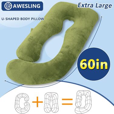 Подушка для вагітних AS AWESLING U-подібної форми, повного тіла, для годування, підтримки, знімний чохол (зелений, з піною з пам'яті)