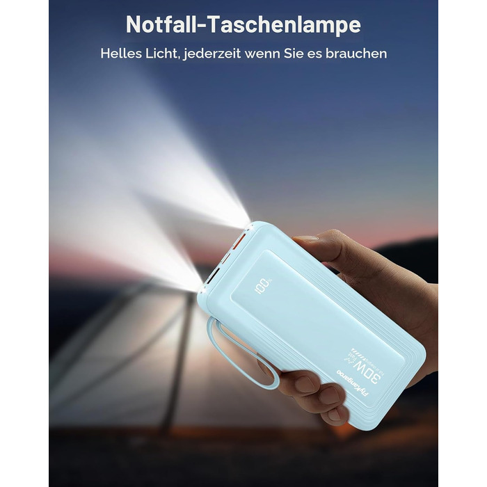 Повербанк 27000mAh з 4 вбудованими кабелями та LED-дисплеєм, швидка зарядка 30W USB-C для iPhone, Samsung, iPad та Android, небесно-блакитний