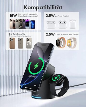 Зарядний пристрій 3-в-1 ZEEHOO MagSafe для Apple: QI2 бездротова зарядка 15W для Apple Watch, iPhone, AirPods (з адаптером 30W) - Чорний