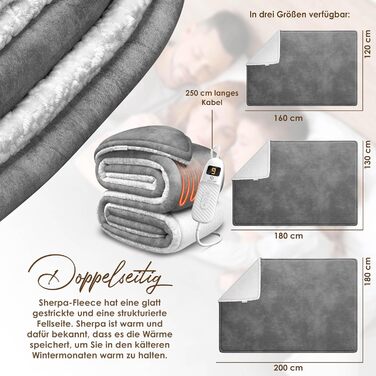 Електрична гріюча ковдра KESSER® 180x130 см з автовимкненням | 9 температурних режимів | Зручна ковдра на ліжко та диван | Можливість прання до 40°C | Сіра | з таймером та цифровим дисплеєм