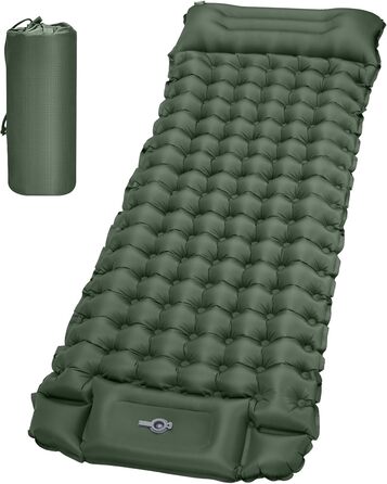 Каремат самонадувний туристичний Tuocal Isomatte, 9 см, з подушкою, з насосом, антиковзаюча поверхня, для кемпінгу, відпочинку на природі, подорожей, намету (армійний зелений)