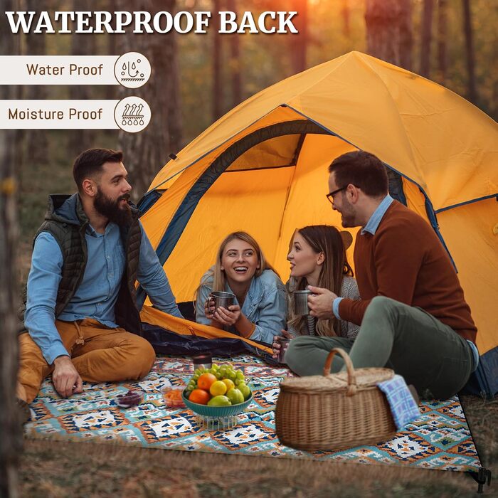 Плед для пікніка Boho 200x200 см, водонепроникний, антипісочний, з ручкою та кілочками, XL килимок для кемпінгу, пляжу, парку, прогулянок в стилі бохо