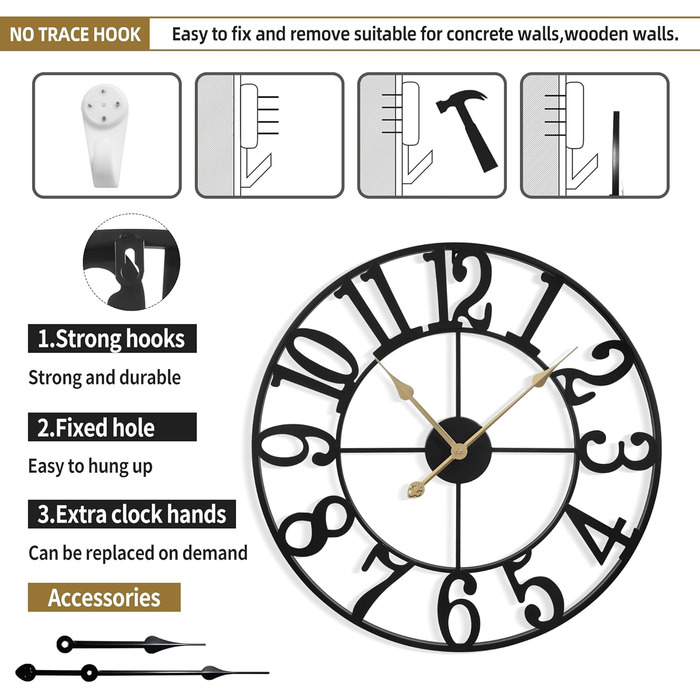 Mee 2ou Wall Clock Modern Nearly Silent Without Ticking - 40cm Diameter Wall Clocks Modern Living Room Wall Clock Vintage For Bedroom Kitchen Office Country House Style Industrial Style